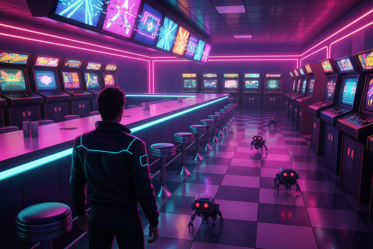 A neon arcade bar at midnight with robots crawling out of the cabinets